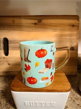 Ciroa Let’s Give Thanks Fall Mug Aqua Gold Handle Pumpkin Autumn Stoneware